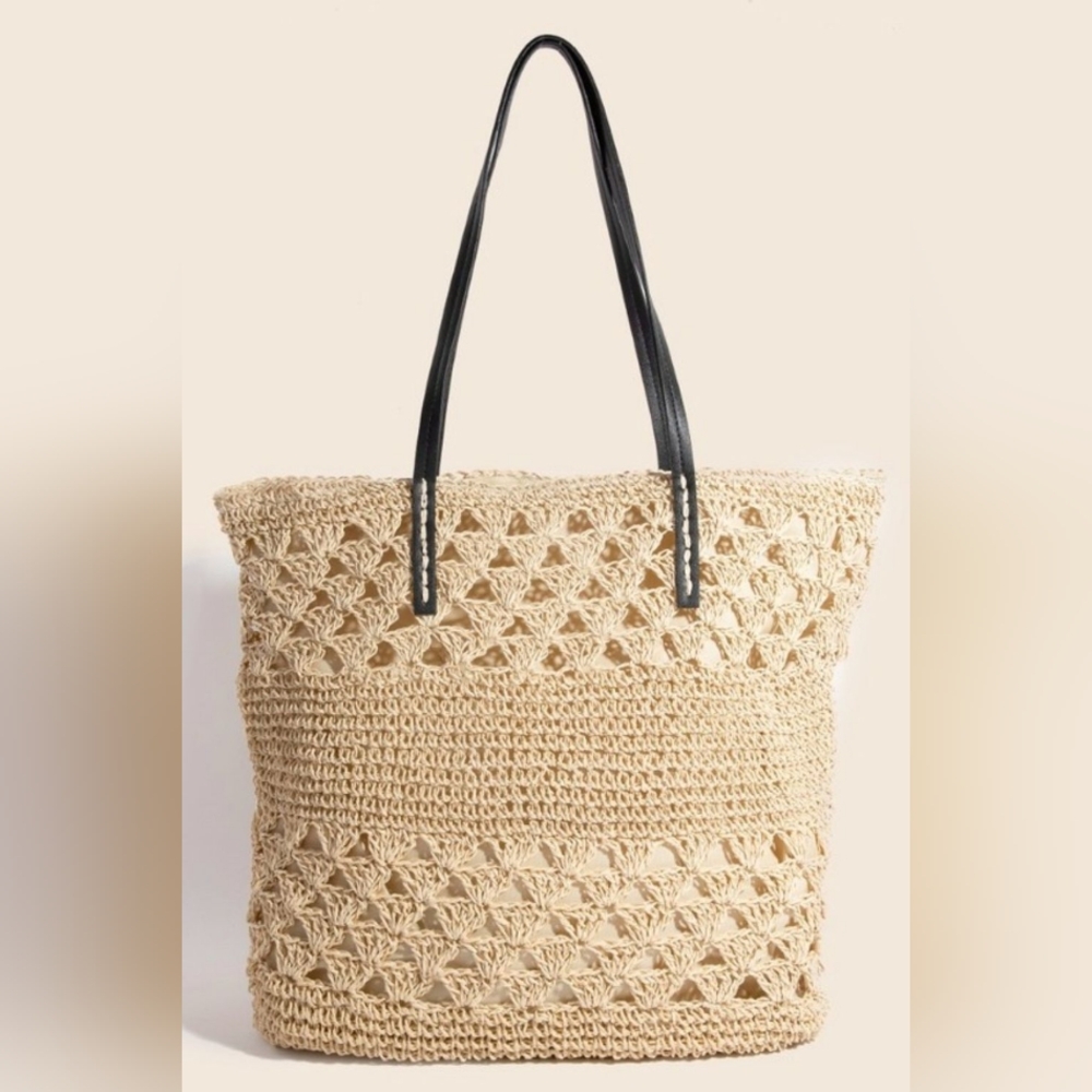 Fame Faux Leather Handle Knitted Tote Bag